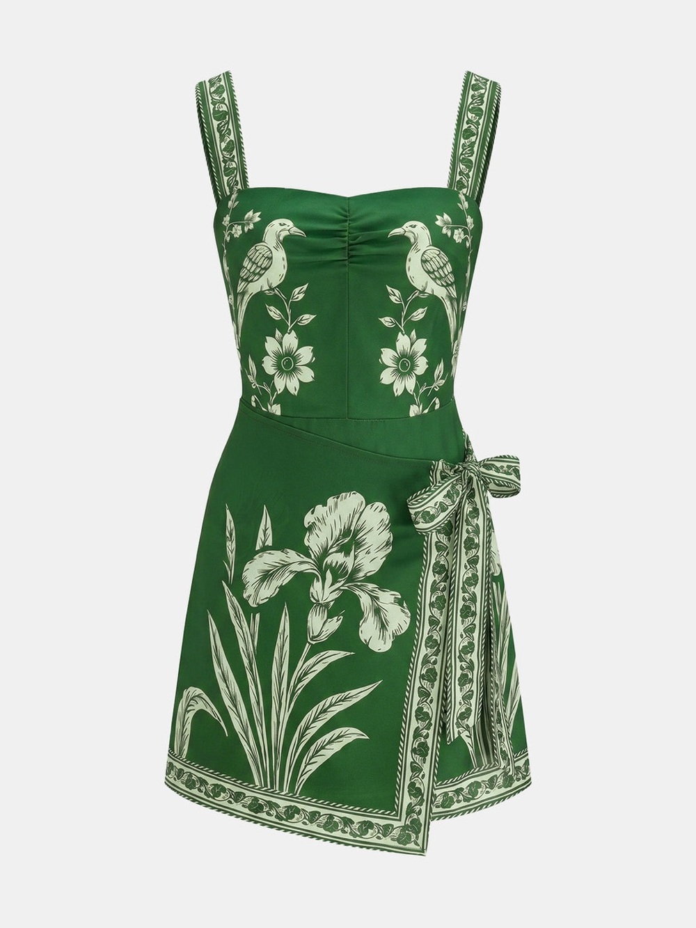 Commense Green Floral Bird Print Wrap Tie Mini Dress size L